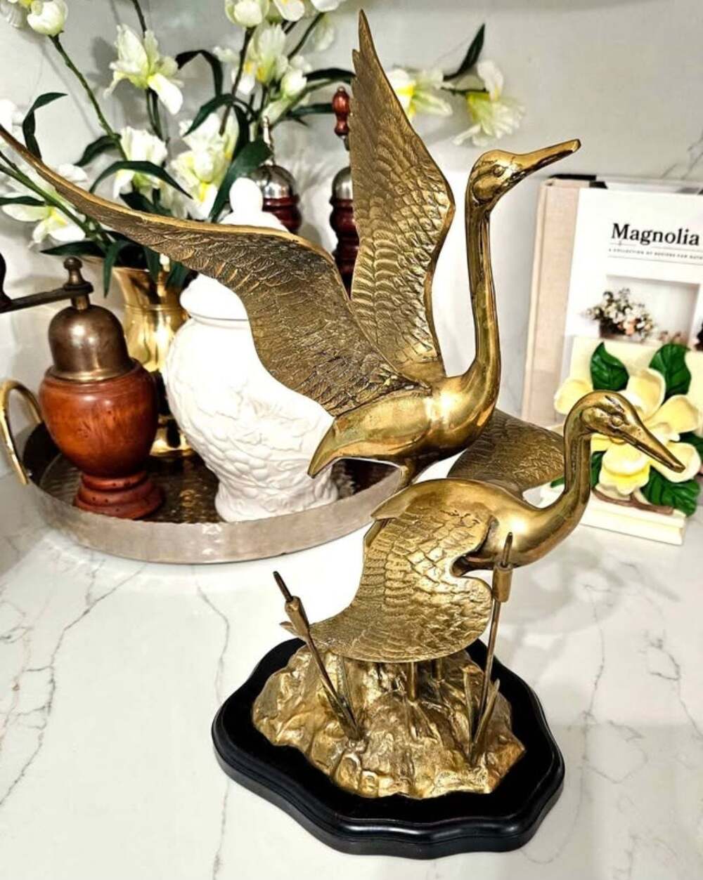 Vintage Mid-Century Solid Brass Dual Flying Cranes Sculpture on Wood Base
